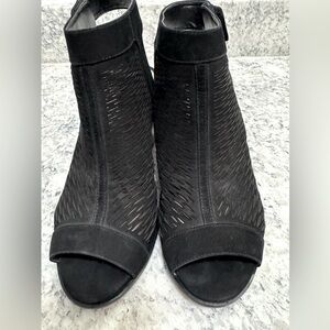 Vince Camuto Peep Toe Black Suede Heels W/ Velcro Ankle Strap.